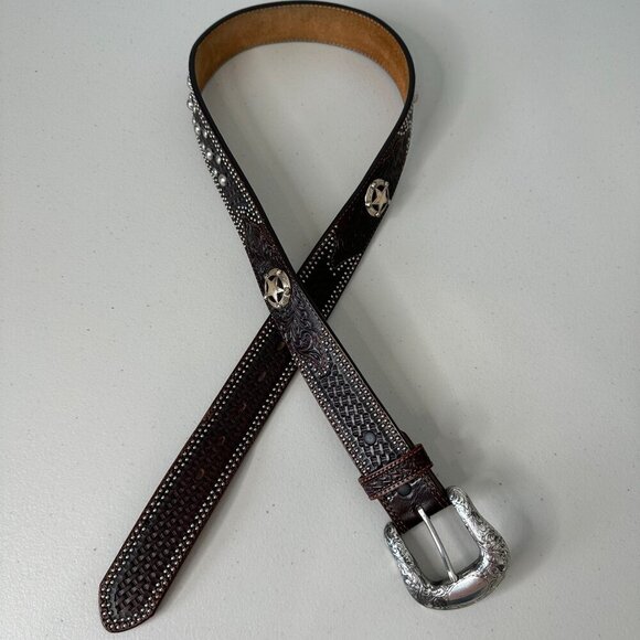 Tony Lama Western Leather Belt Size 36 Brown Studded Silver Buckle Star Tooled - Picture 1 of 12